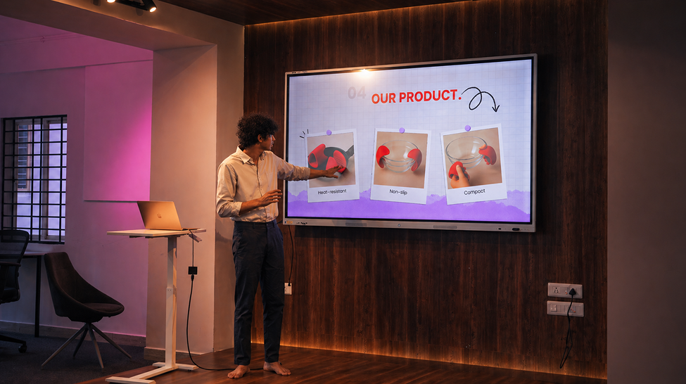 LIT student presenting a product deck on a large screen